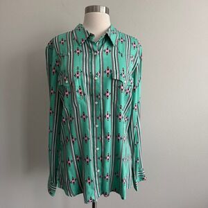 Wrangler Retro Western Snap Shirt Seafoam Green Southwestern Print Large